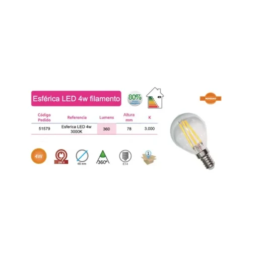 Bombilla esférica LED filamentos 4W E14 luz cálida