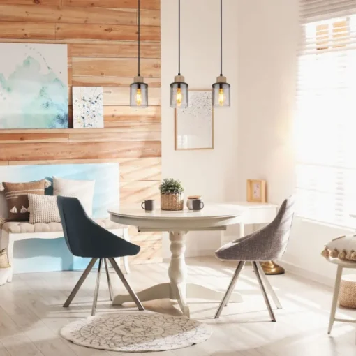 Lámpara de techo colgante Lineal 3L Reid 3XE27 cristal ahumado y madera natural estilo moderno