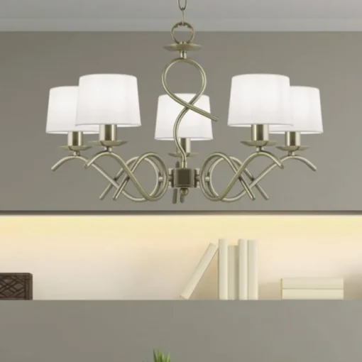 Lámpara de techo colgante Gloria 5 luces 5xE14 acabado metal oro envejecido tejido blanco estilo clásico 58cm Ø