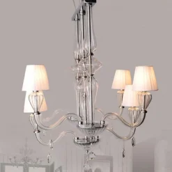 Lámpara de techo colgante Noelia 6xE14 acabado metal cromado cristal transparente pantallas tejido blanco estilo clásico