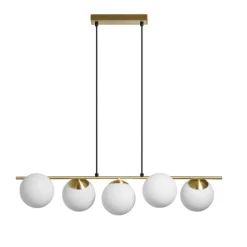 Lámpara de techo colgante Rondo 5 luces 5xE27 acabado metal latón cristal opal blanco estilo vintage