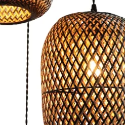 Lámpara de techo colgante Camboya 3 luces 3XE27 acabado bambú fibras negro y natural estilo nórdico