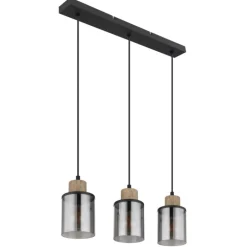 Lámpara de techo colgante Lineal 3L Reid 3XE27 cristal ahumado y madera natural estilo moderno