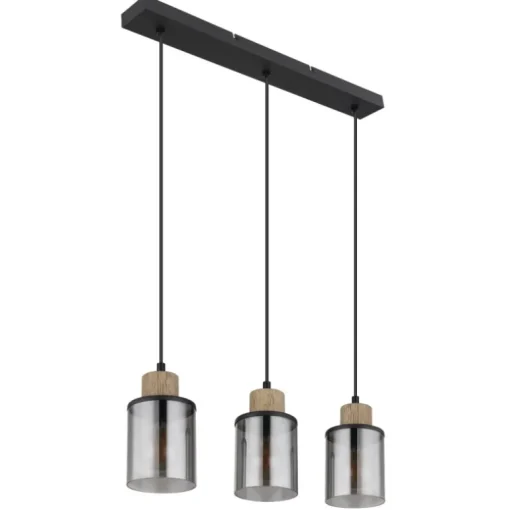 Lámpara de techo colgante Lineal 3L Reid 3XE27 cristal ahumado y madera natural estilo moderno