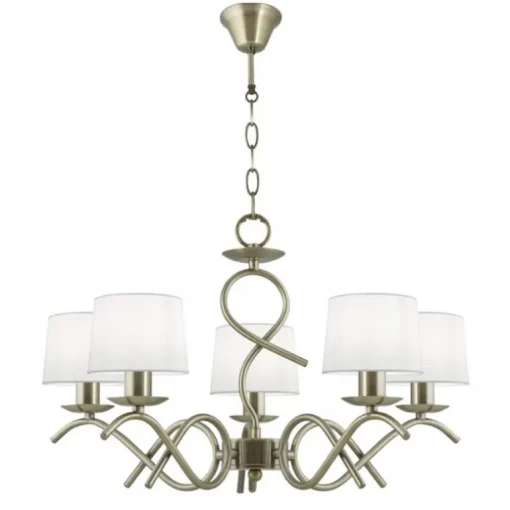 Lámpara de techo colgante Gloria 5 luces 5xE14 acabado metal oro envejecido tejido blanco estilo clásico 58cm Ø