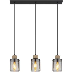 Lámpara de techo colgante Lineal 3L Reid 3XE27 cristal ahumado y madera natural estilo moderno