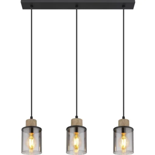 Lámpara de techo colgante Lineal 3L Reid 3XE27 cristal ahumado y madera natural estilo moderno