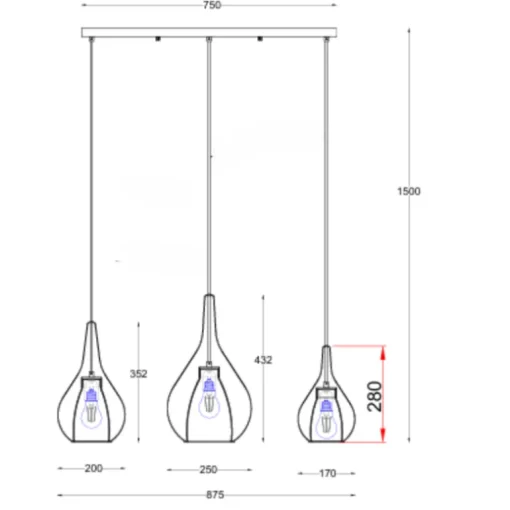 Lámpara de techo colgante Plazen lineal 3 luces 3XE27 acabado negro estilo moderno 88cm largo