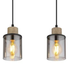 Lámpara de techo colgante Lineal 3L Reid 3XE27 cristal ahumado y madera natural estilo moderno