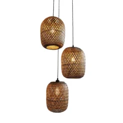 Lámpara de techo colgante Camboya 3 luces 3XE27 acabado bambú fibras negro y natural estilo nórdico