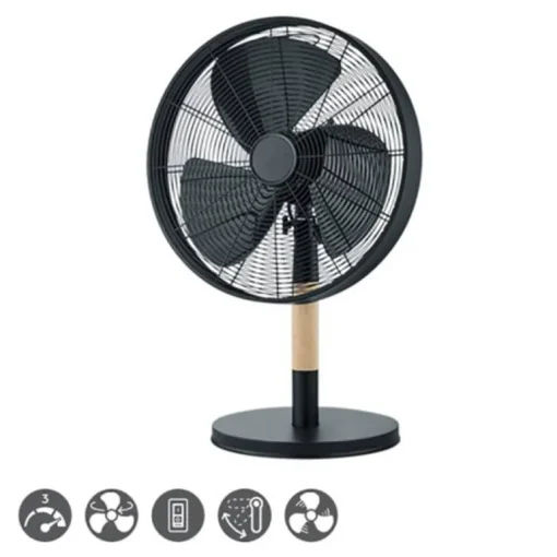 Ventilador de sobremesa Viking acabado metal negro / madera natural 3 velocidades oscilante 35cm Ø