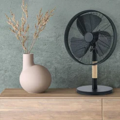 Ventilador de sobremesa Viking acabado metal negro / madera natural 3 velocidades oscilante 35cm Ø