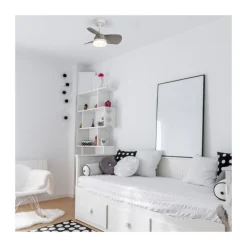 Ventilador de techo Byan blanco/ceniza LED 18w 3CCT acabado blanco efecto madera tono ceniza estilo moderno motor DC 60cm Ø