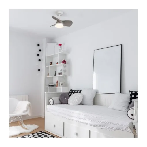 Ventilador de techo Byan blanco/ceniza LED 18w 3CCT acabado blanco efecto madera tono ceniza estilo moderno motor DC 60cm Ø