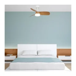 Ventilador de techo Byan blanco/madera LED 18w 3CCT acabado blanco efecto madera tono natural estilo moderno motor DC 92cm Ø