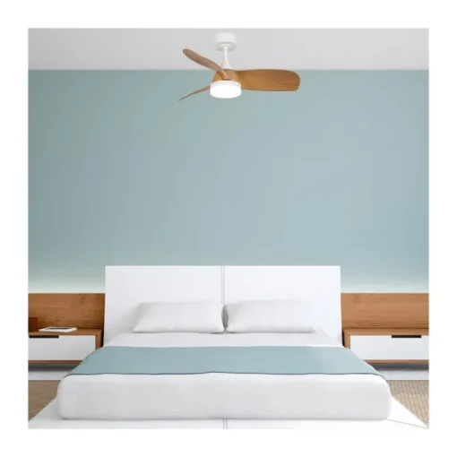 Ventilador de techo Byan blanco/madera LED 18w 3CCT acabado blanco efecto madera tono natural estilo moderno motor DC 92cm Ø