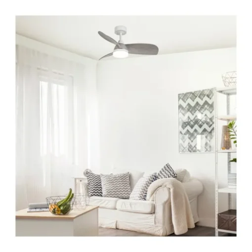 Ventilador de techo Byan blanco/ceniza LED 18w 3CCT acabado blanco efecto madera tono ceniza estilo moderno motor DC 92cm Ø