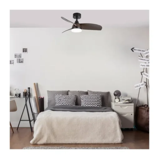 Ventilador de techo Byan negro/madera LED 18w 3CCT acabado negro efecto madera tono oscuro estilo moderno motor DC 92cm Ø