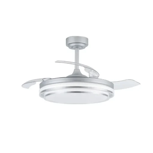Ventilador de techo Lander plata LED 72w 3CCT acabado acero plata estilo moderno aspas plegables motor DC 106cm Ø