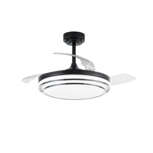 Ventilador de techo Lander negro LED 72w 3CCT acabado acero negro estilo moderno aspas plegables motor DC 106cm Ø