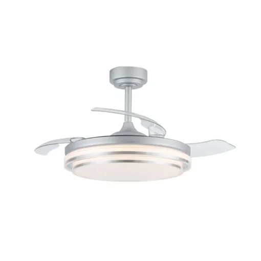 Ventilador de techo Lander plata LED 72w 3CCT acabado acero plata estilo moderno aspas plegables motor DC 106cm Ø