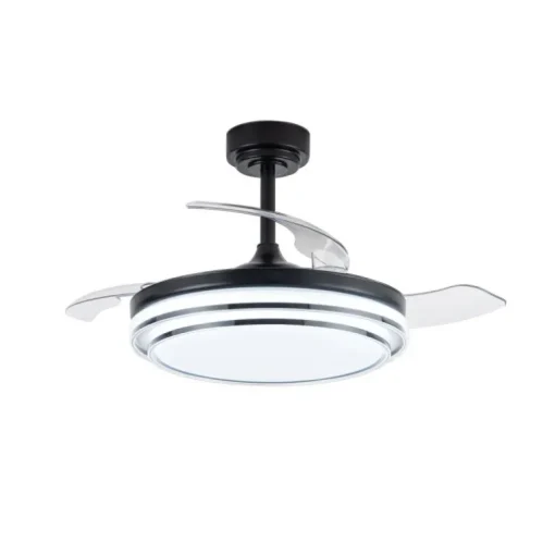 Ventilador de techo Lander negro LED 72w 3CCT acabado acero negro estilo moderno aspas plegables motor DC 106cm Ø