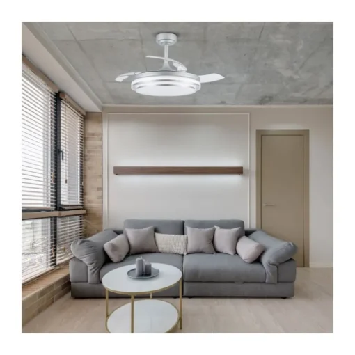 Ventilador de techo Lander plata LED 72w 3CCT acabado acero plata estilo moderno aspas plegables motor DC 106cm Ø