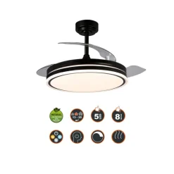Ventilador de techo Martín negro 72w LED integrado 3CCT acabado negro estilo moderno aspas plegables motor DC 106cm Ø