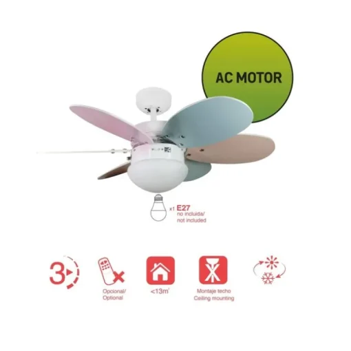 Ventilador de techo Orión 1xE27 acabado blanco aspas reversibles multicolor estilo infantil motor AC 76cm Ø