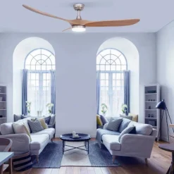 Ventilador de techo Yen Big Madera Clara LED 18w 3CCT acabado níquel aspas madera estilo moderno motor DC 152cm Ø