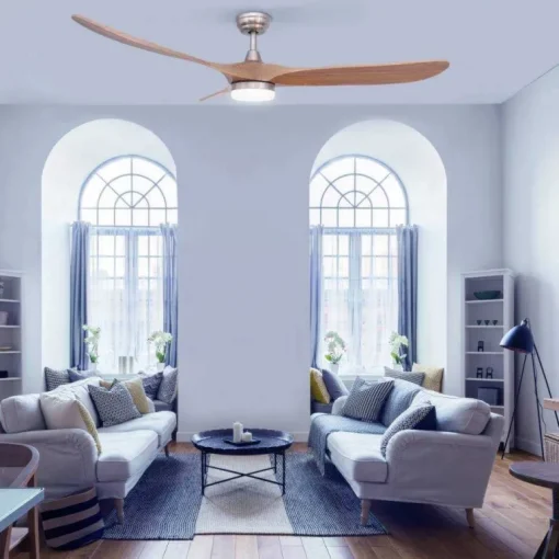 Ventilador de techo Yen Big Madera Clara LED 18w 3CCT acabado níquel aspas madera estilo moderno motor DC 152cm Ø
