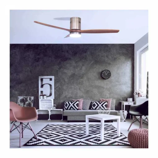 Ventilador de techo Yen Madera Oscura LED 15w 3 CCT acabado oro envejecido aspas madera estilo moderno motor DC 132cm Ø